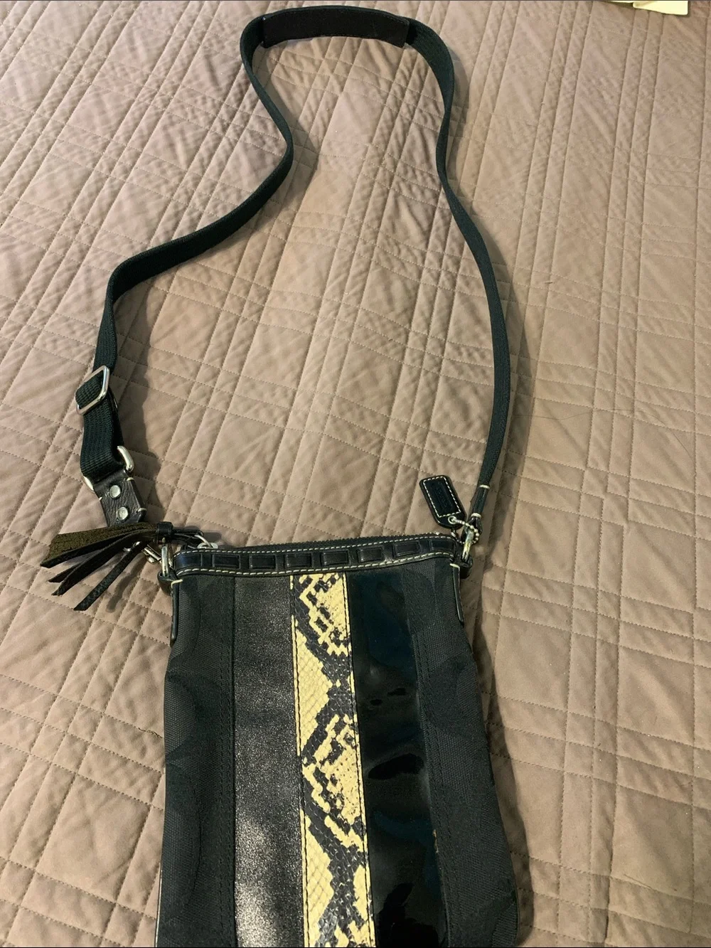Coach Black Crossbody Bag with Yellow Snake-Print Stripe